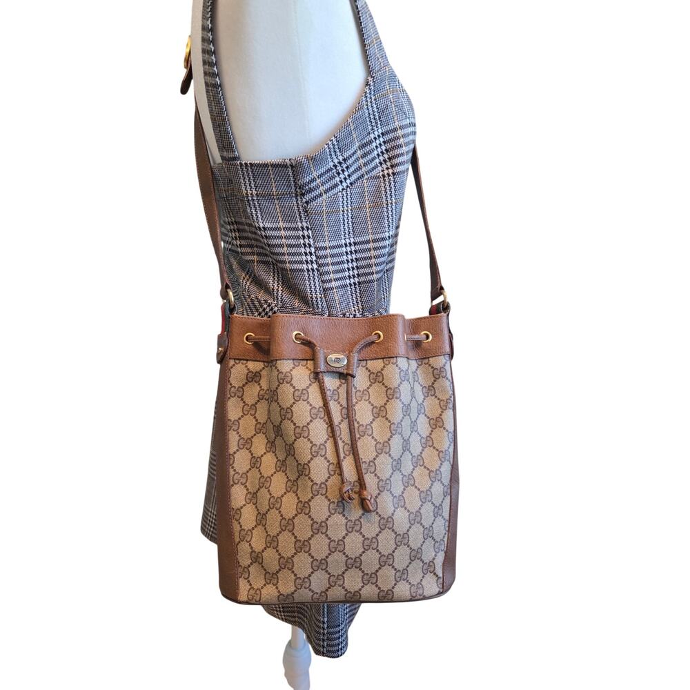 Gucci GG Supreme Monogram Bucket Bag Brown Leather Drawstring Vintage Web Stripe - Picture 3 of 15